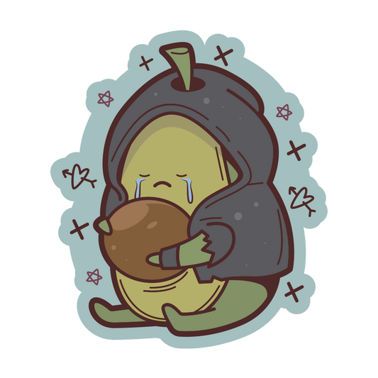 Cartoon character in a hooded cloak hugging a brown object with a blue border and decorative elements.