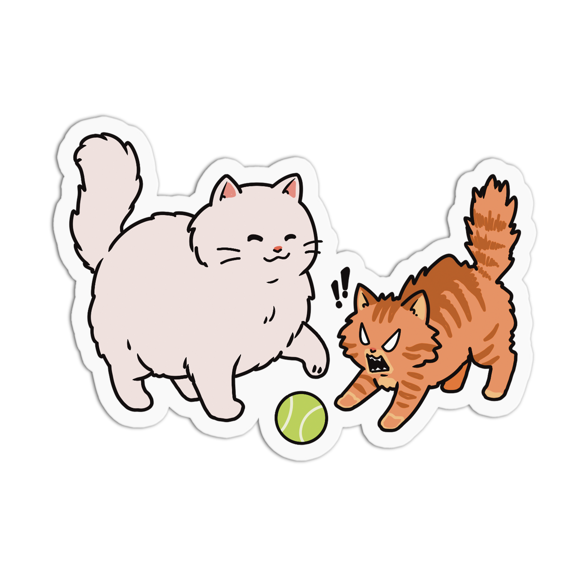 Cartoon illustration of two cats playing with a ball on a transparent background