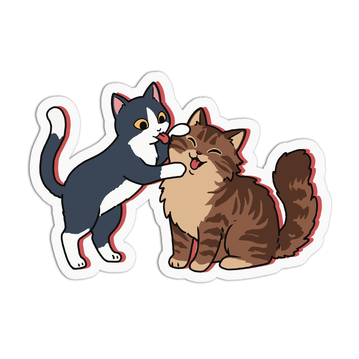 Cartoon illustration of two cats interacting on a white background