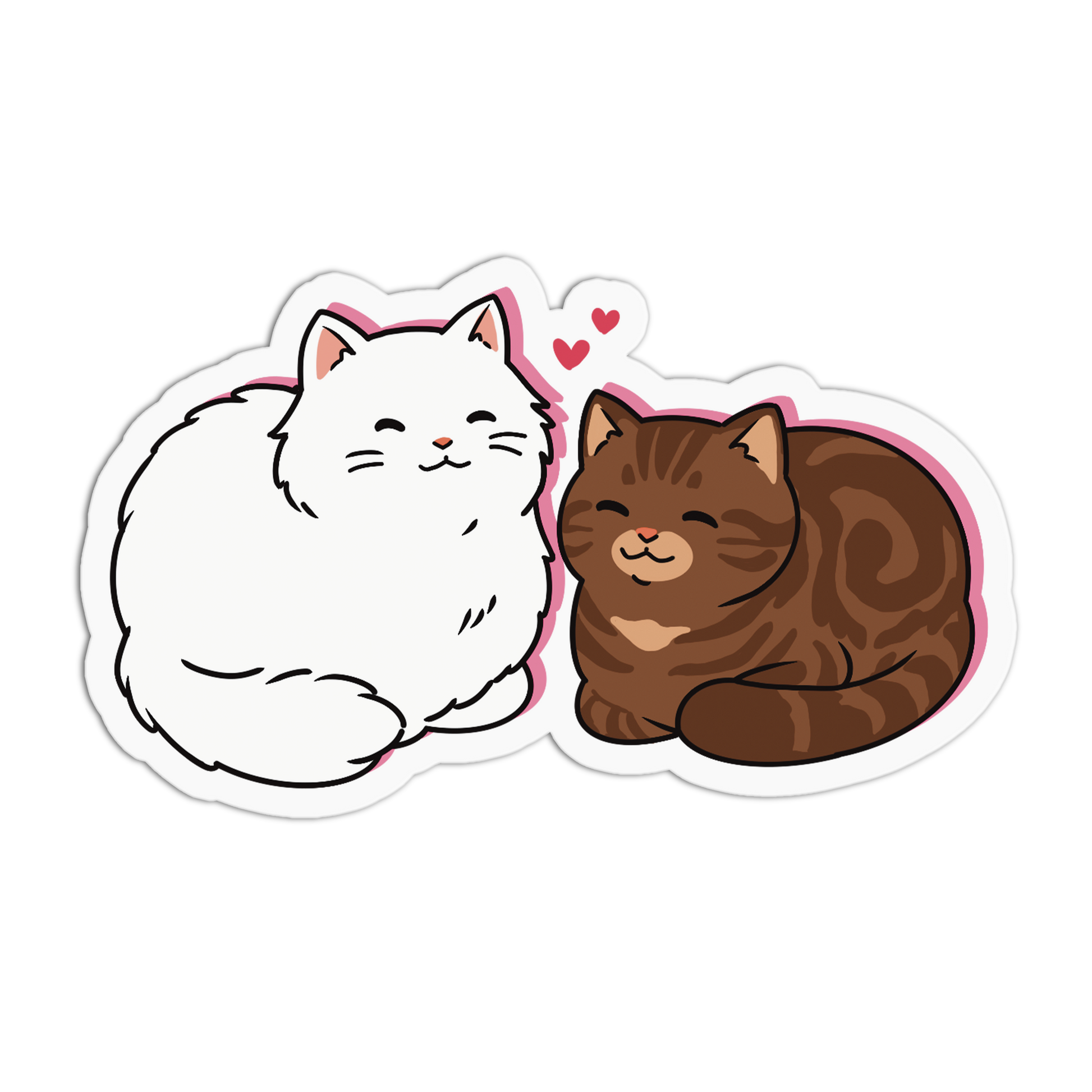 Cartoon-style sticker of a white cat and a brown cat with hearts on a transparent background