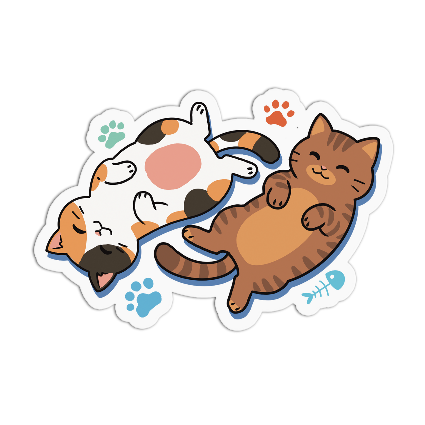 Cartoon sticker of a dog and cat lying on a cloud with paw prints and fish symbols.