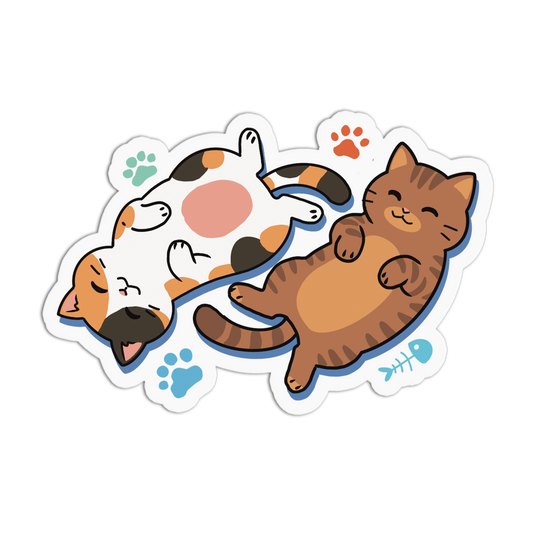 Cartoon sticker of a dog and cat lying on a cloud with paw prints and fish symbols.
