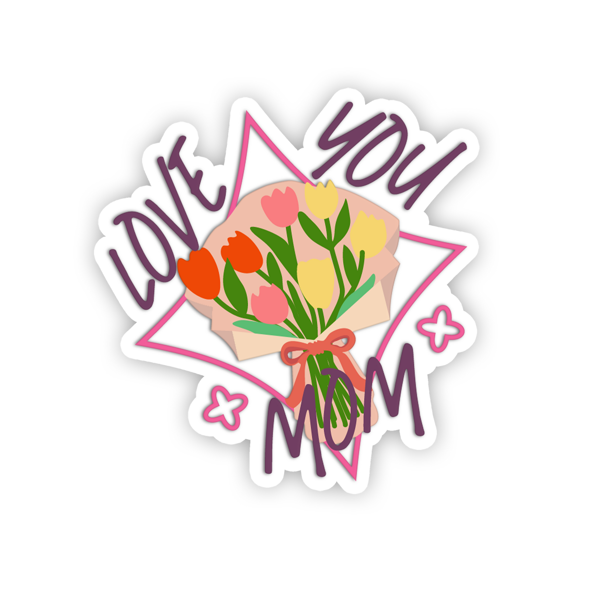 Sticker with 'I love you mom' text and floral design on a white background