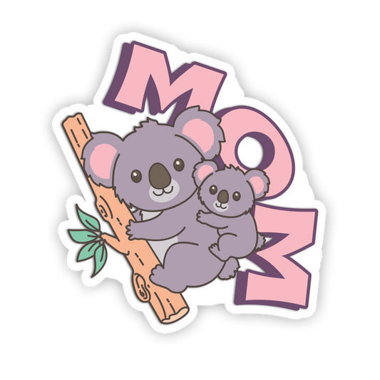 Sticker with two koalas on a branch and the word 'Mom' in pink and purple.