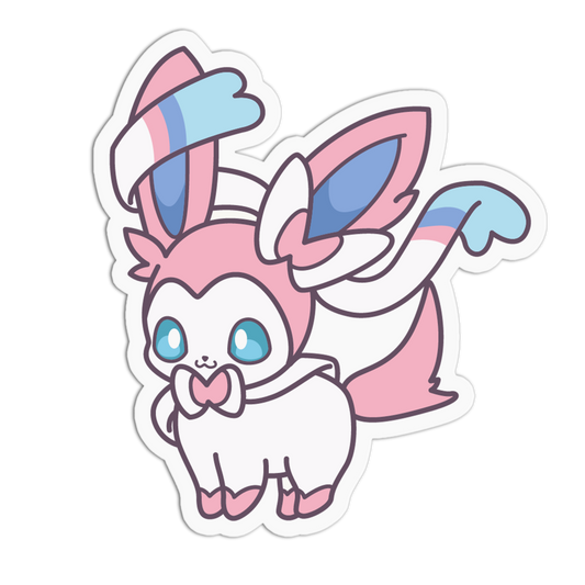 A die-cut vinyl sticker of the Pokémon character Eevee, featuring its signature pink and white fur with blue and pink accents on its ears and tail, set against a plain white background.