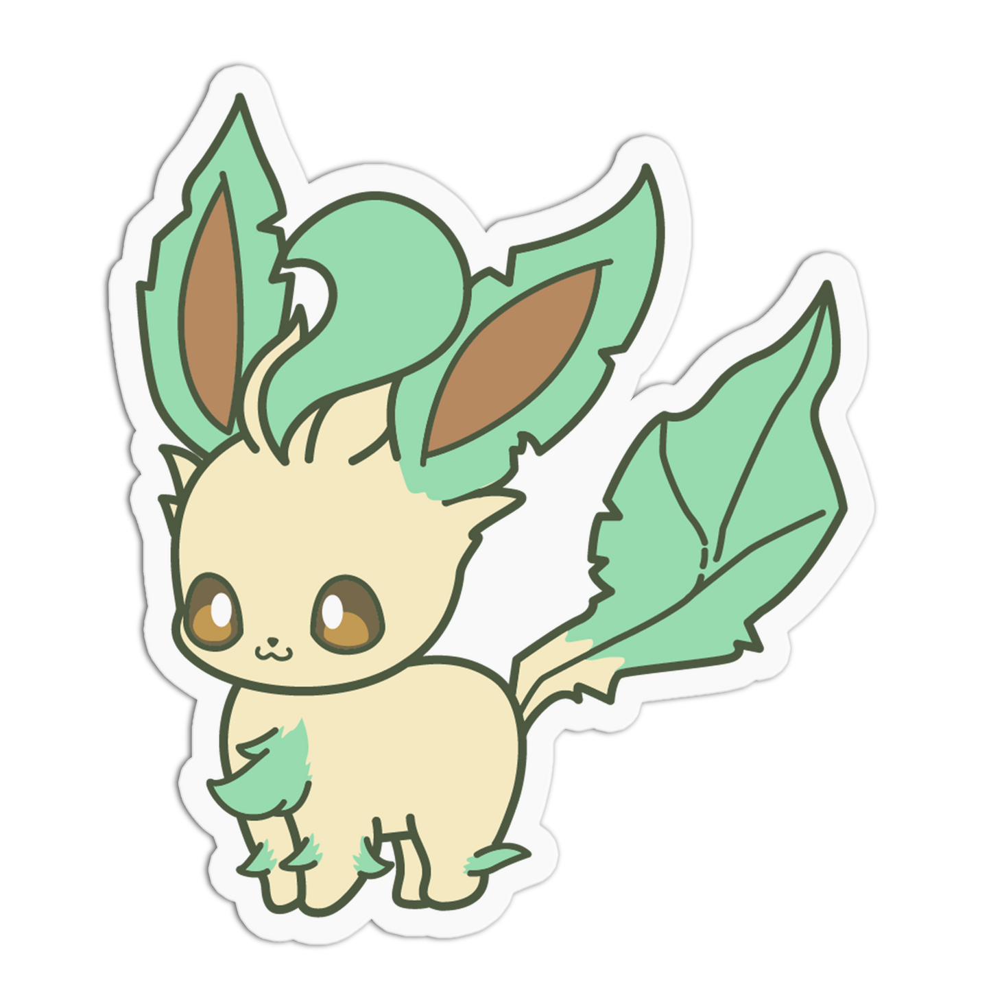 A die-cut vinyl sticker of the Pokémon character Eevee, featuring its signature cream-colored body, mint green leaves on its ears and tail, and brown inner ear details, shown on a plain white background.