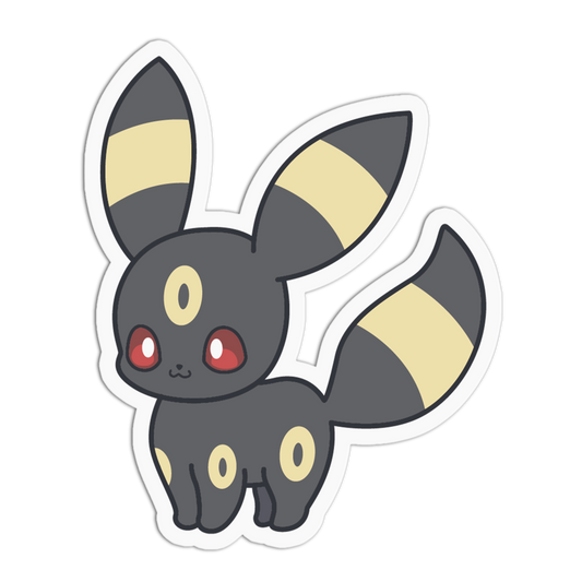 A die-cut vinyl sticker of the Pokémon character Eevee, featuring its dark gray body, cream-colored spots, and red eyes, isolated on a white background.