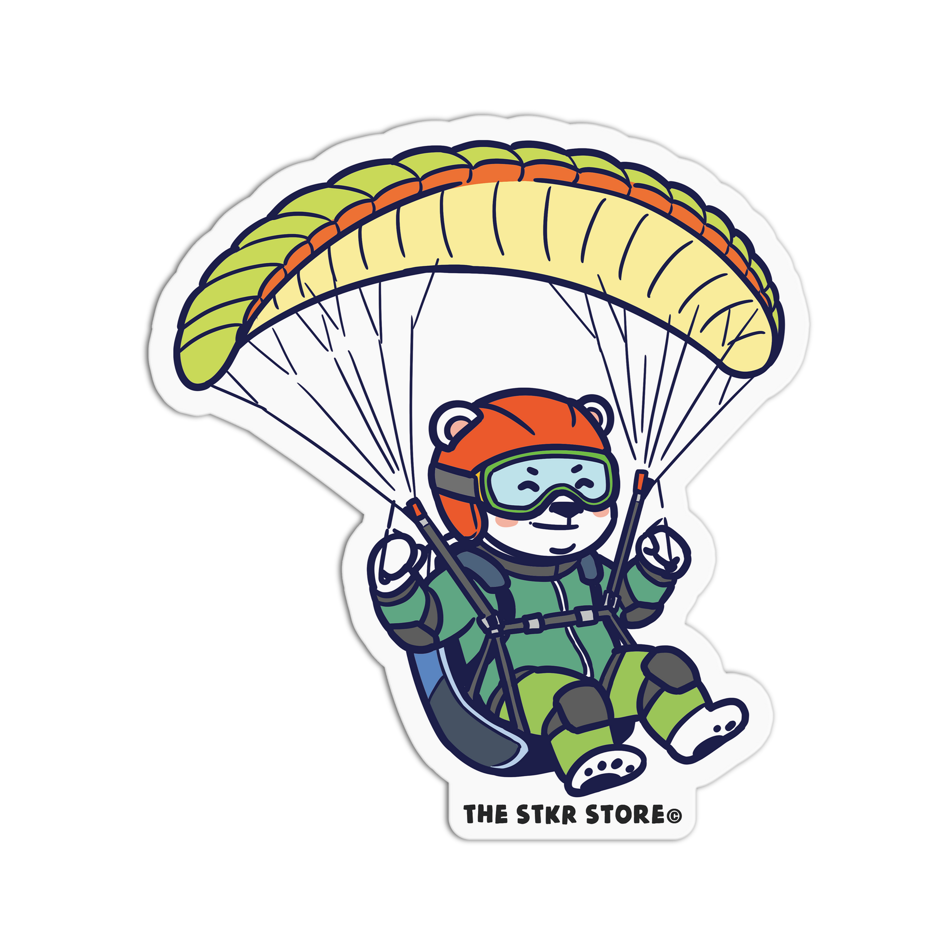 Sticker of a bear paragliding with a colorful parachute, branded 'The Star Store'.