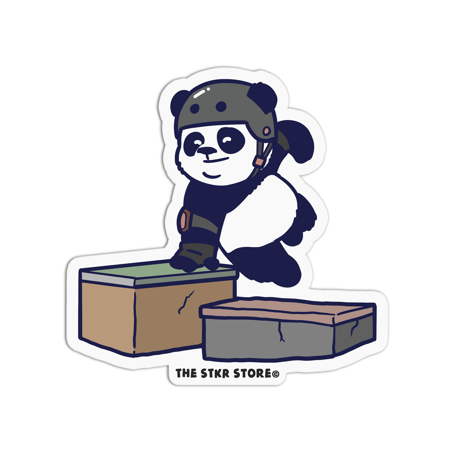 Sticker of a panda in a helmet on a box with 'The Stkr Store' logo.