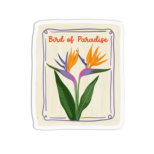Botanical floral stamp sticker illustrating bright orange and purple Bird of Paradise flowers with large green leaves inside a purple border, with "Bird of Paradise" written in orange text.