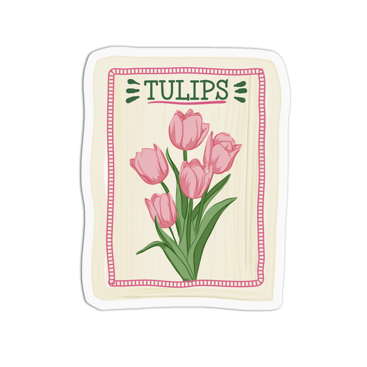 Cottagecore floral stamp sticker featuring pink tulips with green leaves and stems inside a pink patterned border with the text "TULIPS" written at the top.