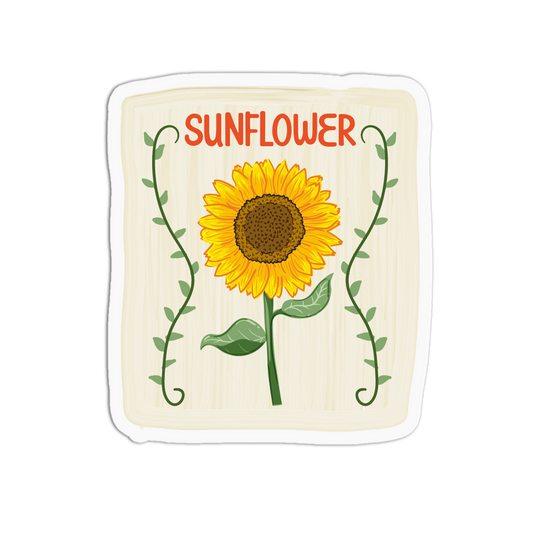 Vintage-style floral stamp sticker displaying a bright yellow sunflower with a brown center, flanked by green leafy vines, with "SUNFLOWER" written in red text above.