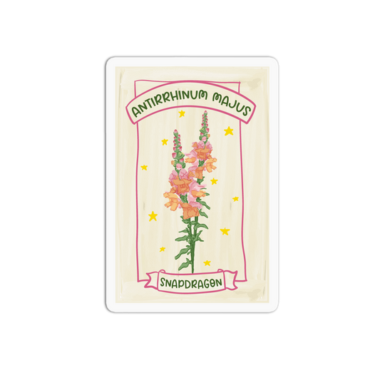 Botanical stamp sticker illustrating pink and orange snapdragon flowers framed by small yellow stars, with text reading "ANTIRRHINUM MAJUS" and "SNAPDRAGON".