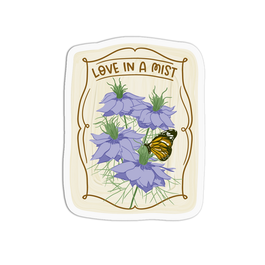 Cottagecore floral stamp sticker featuring light purple Love-in-a-Mist flowers and a monarch butterfly inside a decorative border with "LOVE IN A MIST" written at the top.