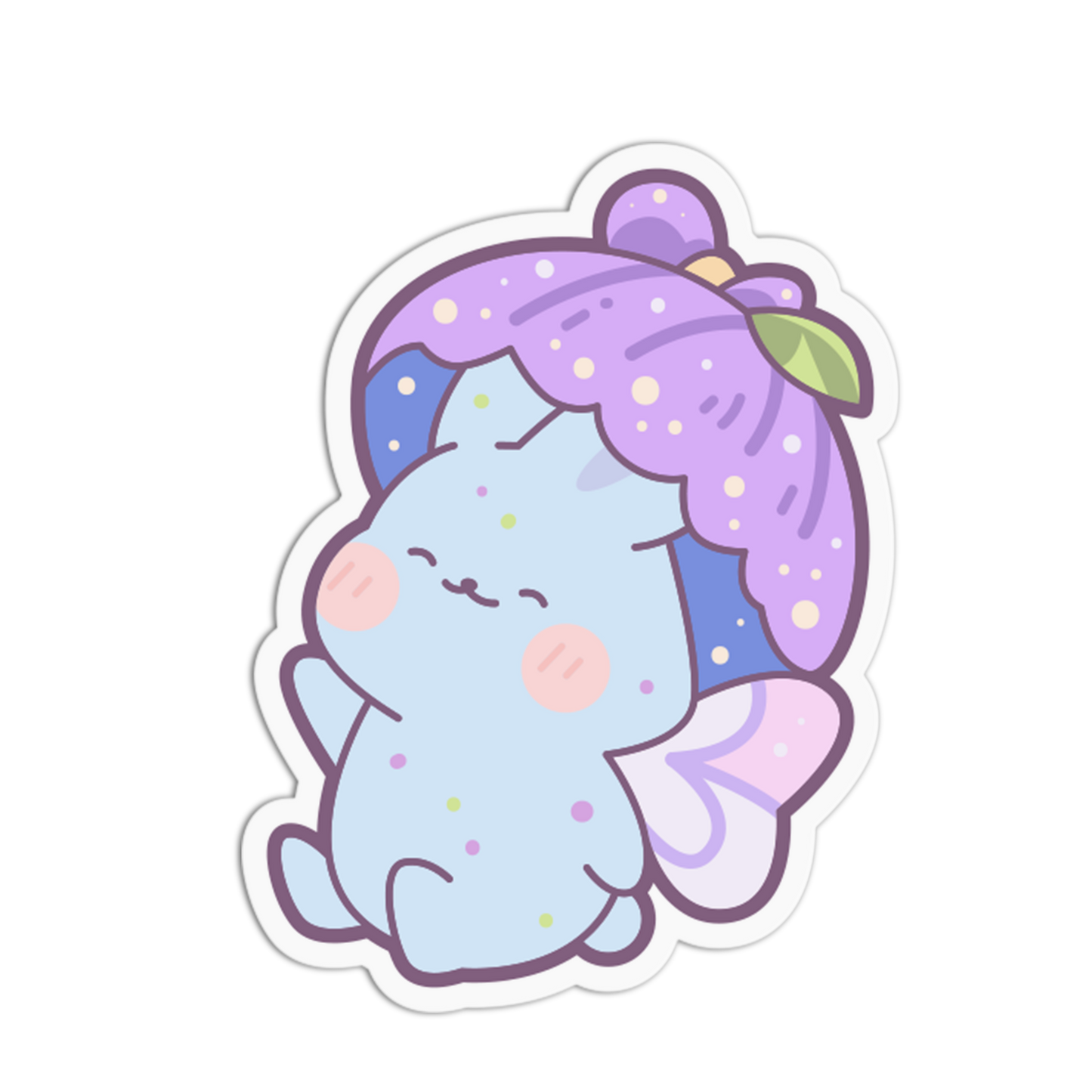 A die-cut sticker featuring a cute pastel illustration of a blue creature with purple hair, pink cheeks, and small wings on a plain white background.