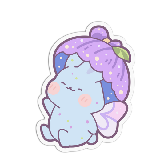 A die-cut sticker featuring a cute pastel illustration of a blue creature with purple hair, pink cheeks, and small wings on a plain white background.