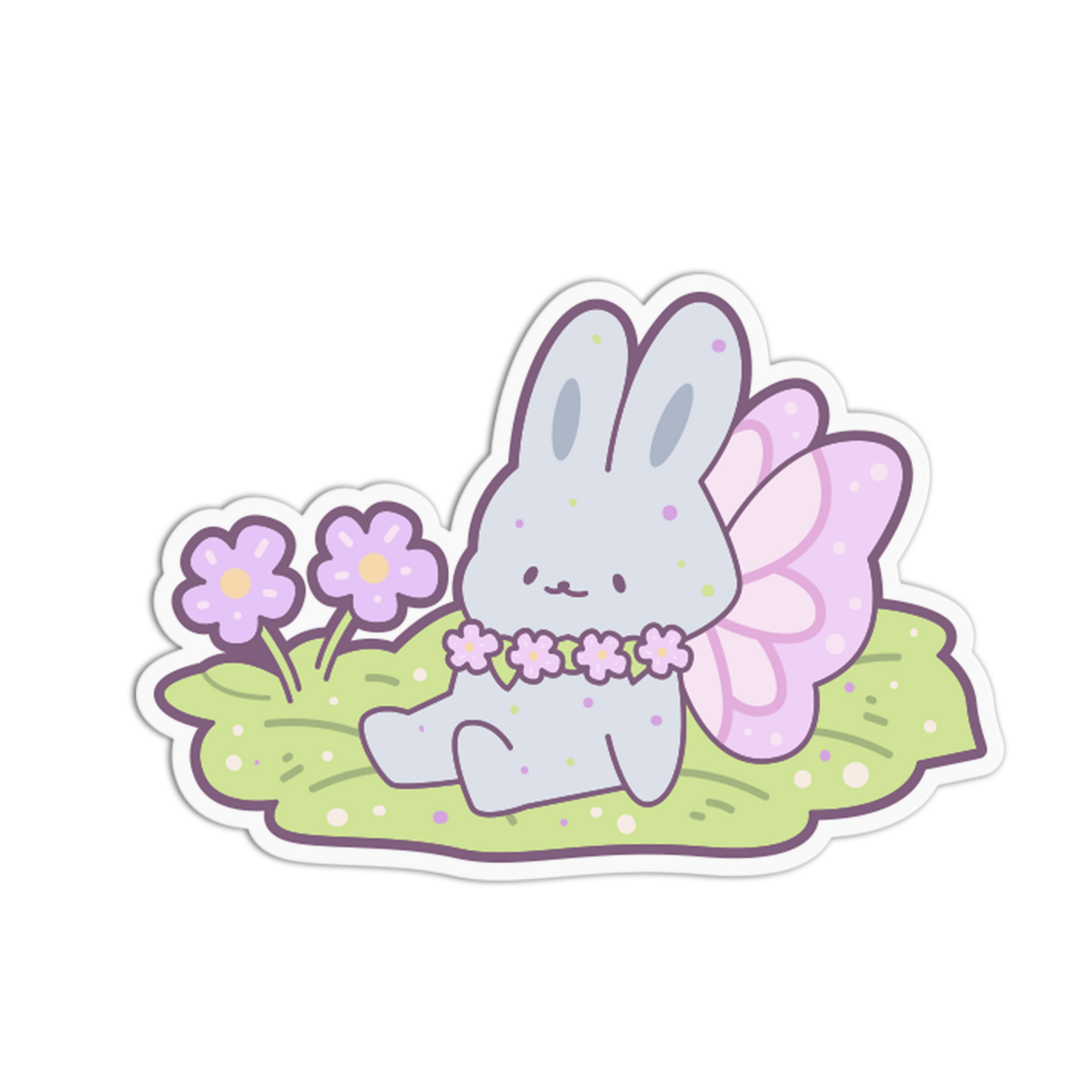 A cute cartoon bunny sticker or decal with pastel lavender wings, a flower necklace, and purple flowers on a light green leaf-shaped base, shown on a plain white background.
