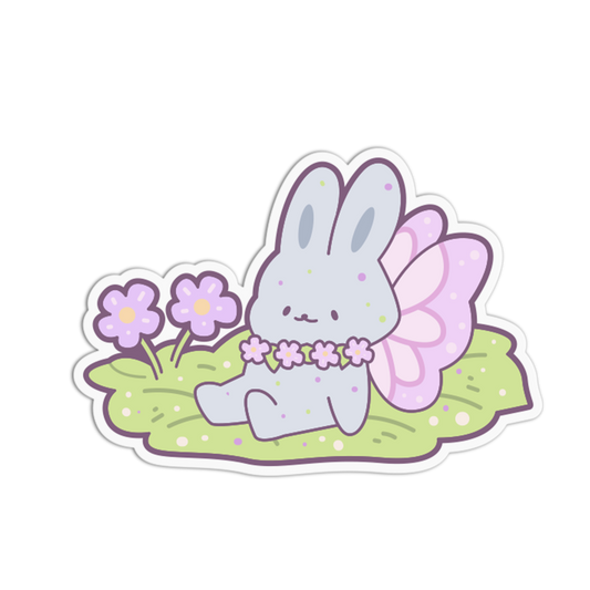 A cute cartoon bunny sticker or decal with pastel lavender wings, a flower necklace, and purple flowers on a light green leaf-shaped base, shown on a plain white background.