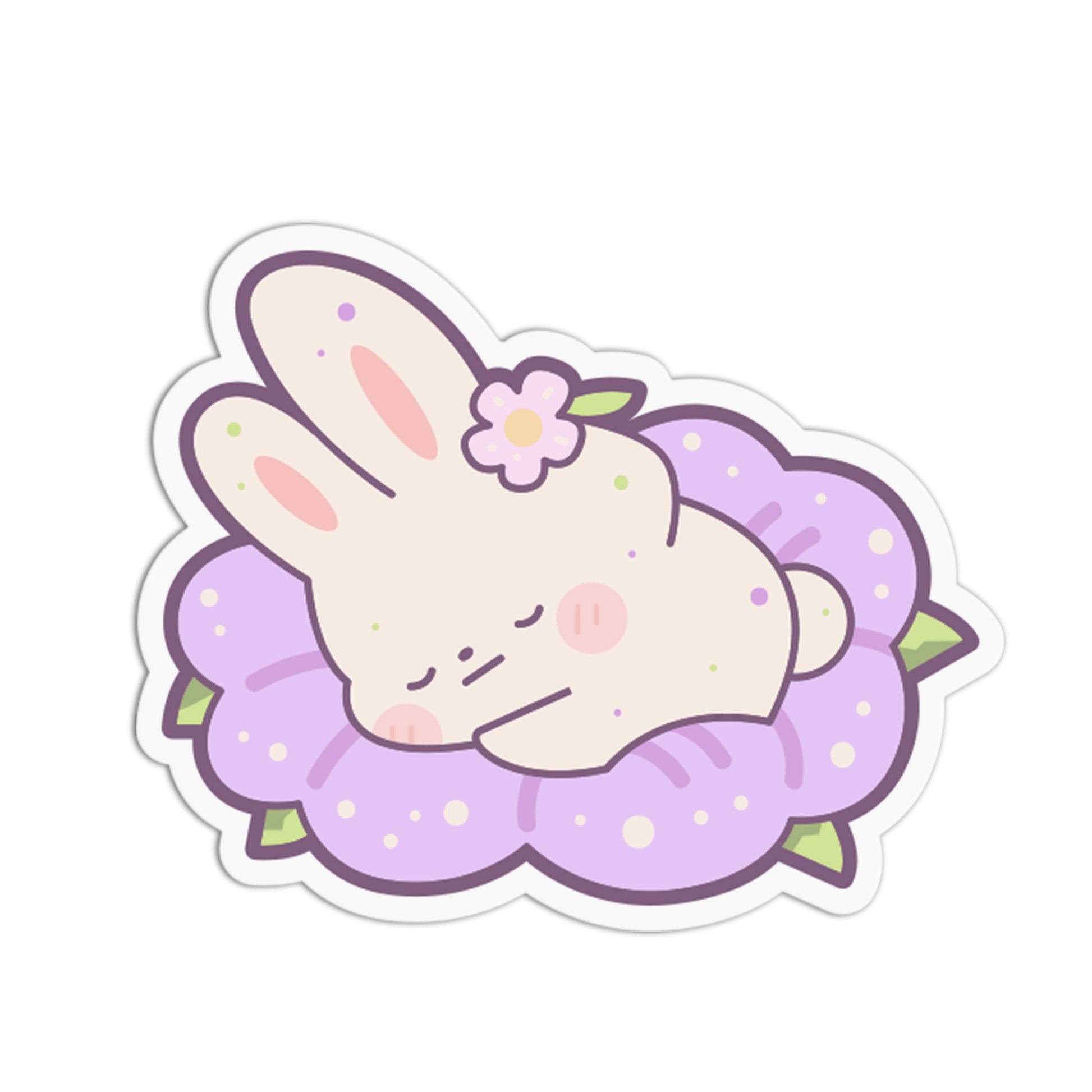 A cute cartoon sticker of a sleeping cream-colored bunny resting on a purple flower bed with green leaves and a small pink flower on its ear, shown on a plain white background.