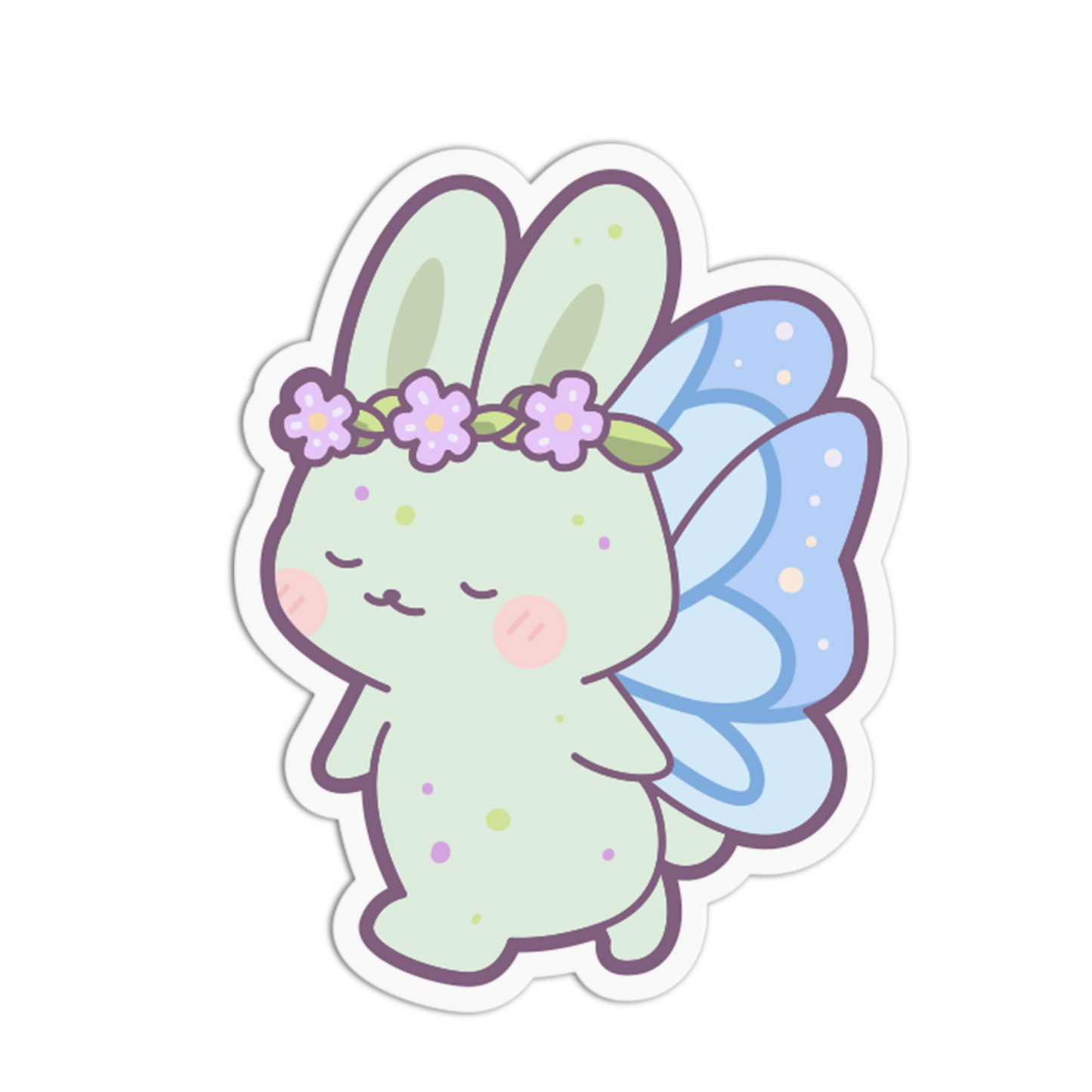 A die-cut sticker featuring a cute pastel bunny fairy with light green skin, lavender-purple flower crown, and light blue wings, shown on a plain white background.