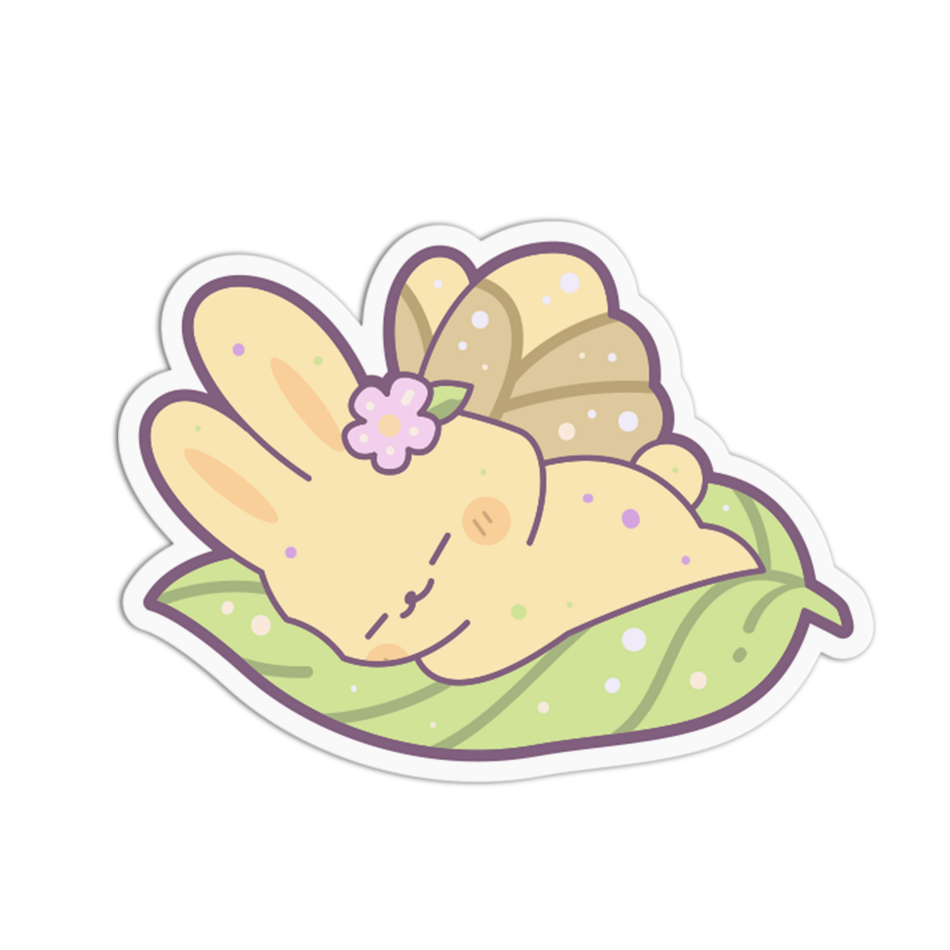 A cute cartoon bunny illustration wrapped in a leaf with a flower on its head, shown as a die-cut sticker on a plain white background.