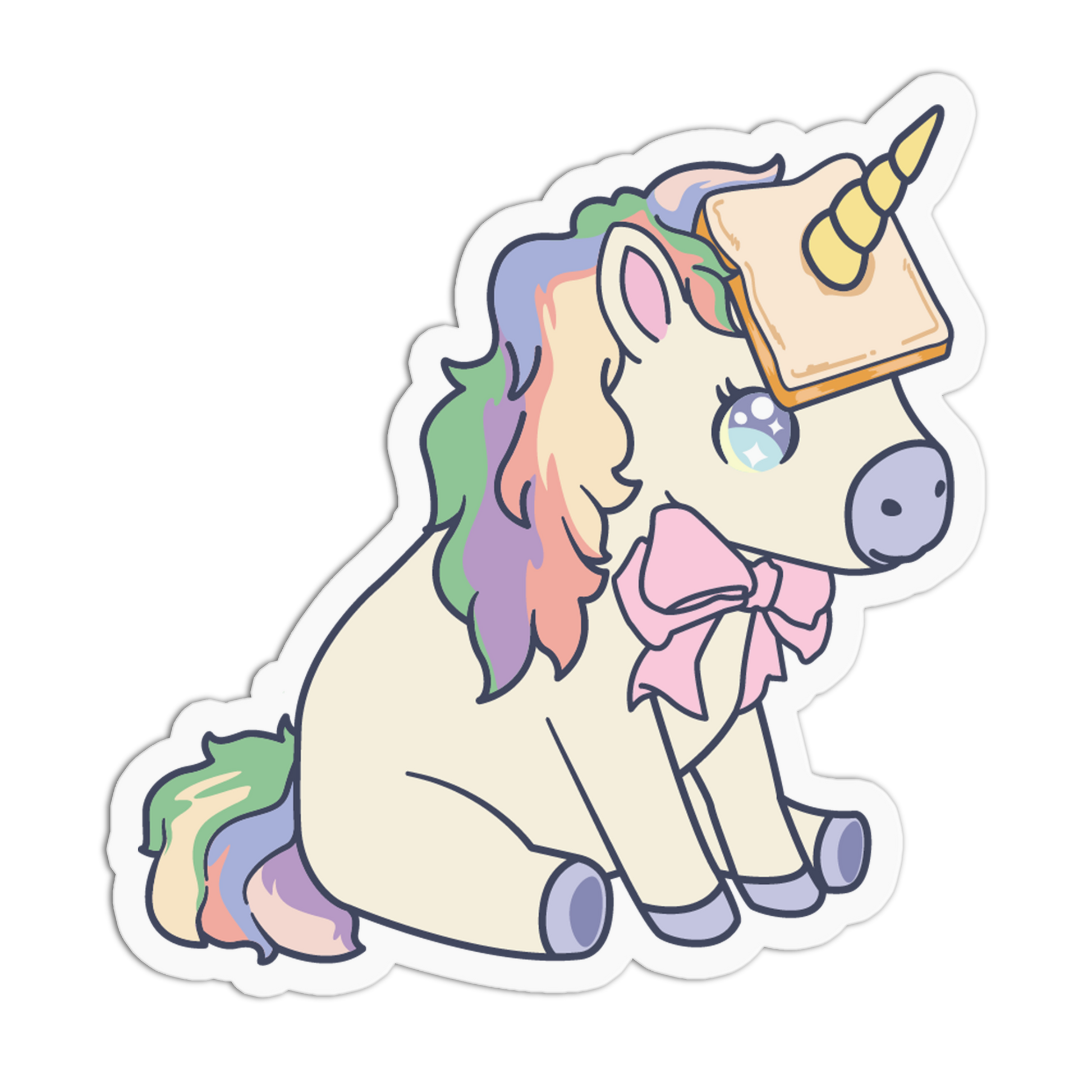 Cartoon unicorn with a piece of toast on its head against a white background
