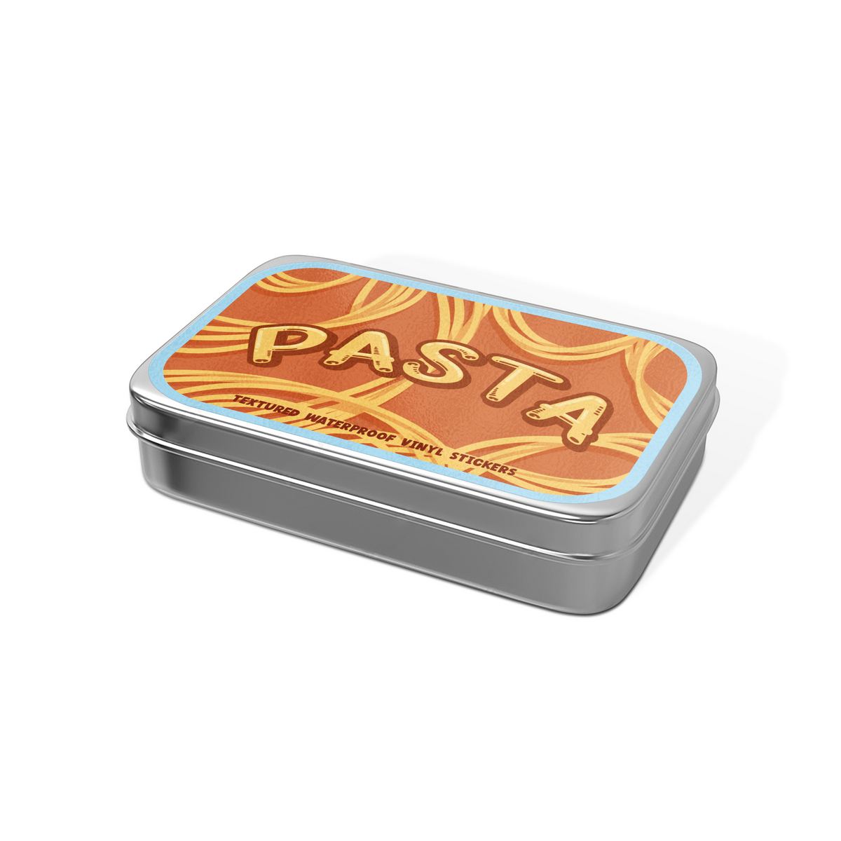 A rectangular metal tin with rounded corners, featuring a retro-style label that reads 'PASTA' in large gold letters over an orange background with yellow pasta illustrations and a light blue border. The side of the tin is metallic silver.