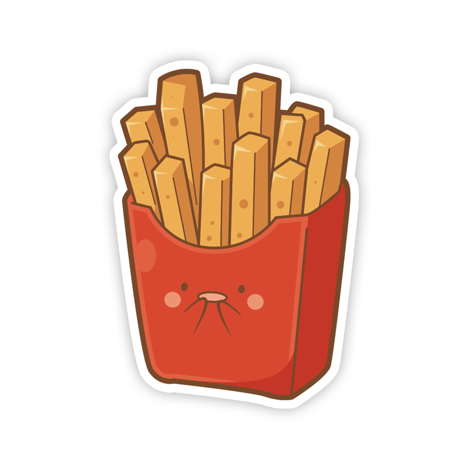 Cartoon-style French fries in a red box with a face on a white background