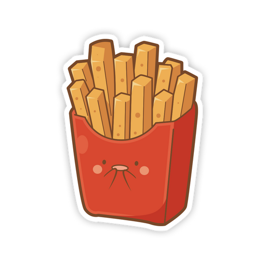 Cartoon-style French fries in a red box with a face on a white background
