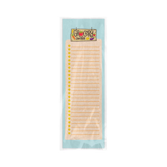 Grocery checklist pad with a light blue border and 'Grocery Checklist' label at the top.
