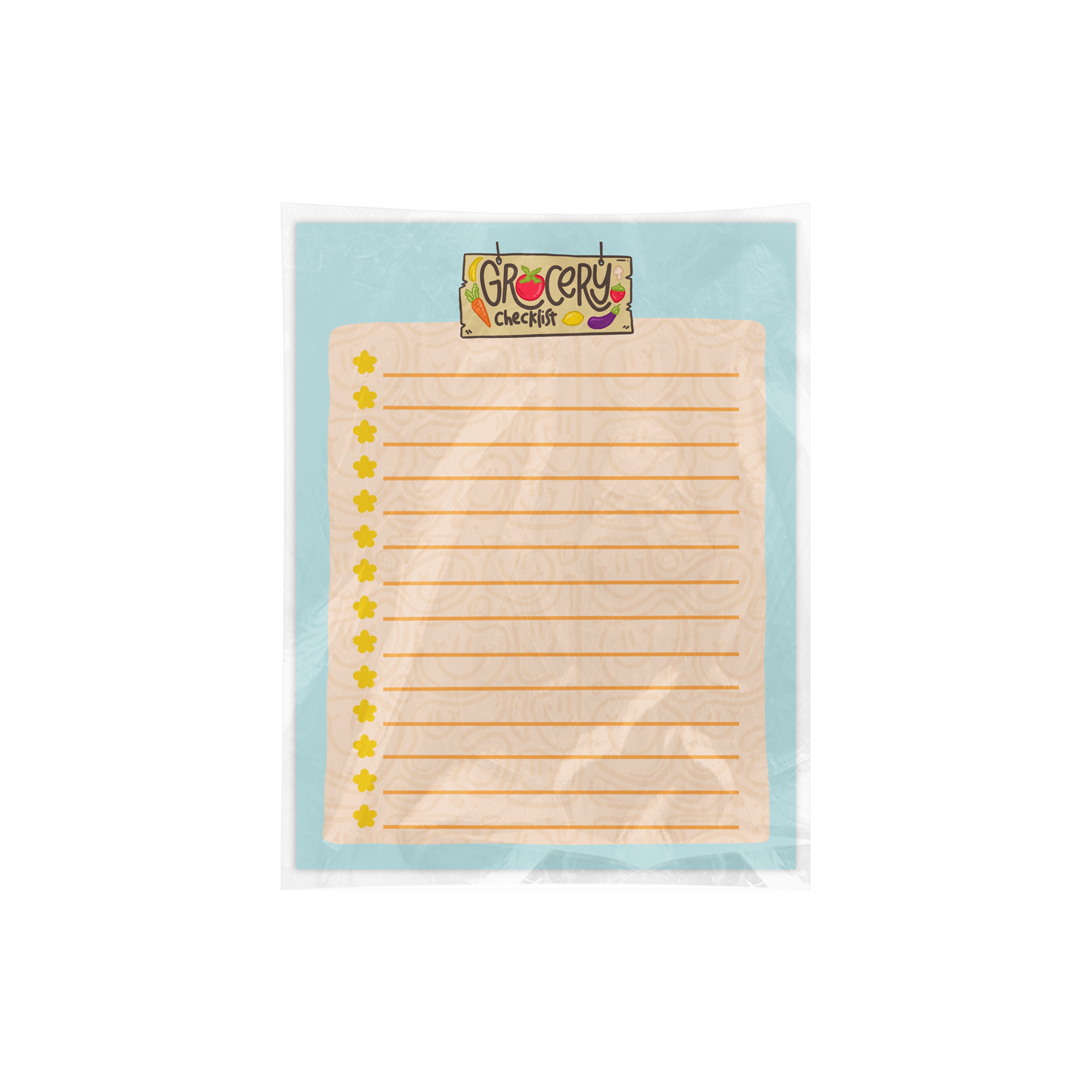 Notepad with lined paper and a colorful label on a light blue background