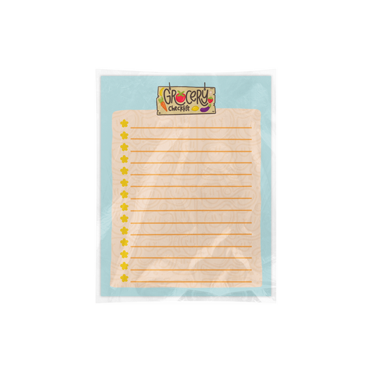 Notepad with lined paper and a colorful label on a light blue background