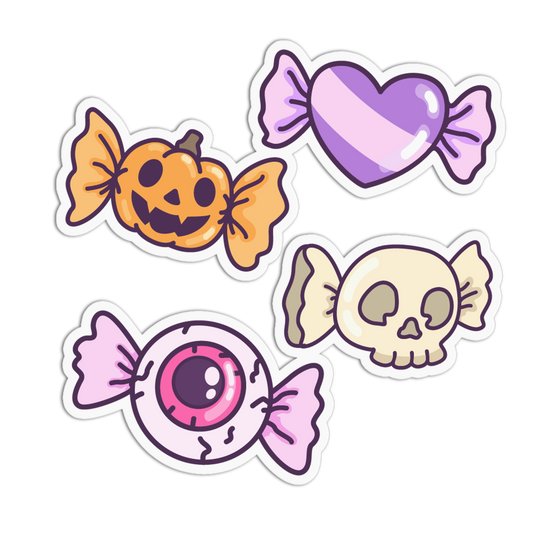 Four Halloween-themed die-cut stickers on a white background: a jack-o'-lantern candy, a purple heart candy, a skull candy, and a pink eyeball candy.