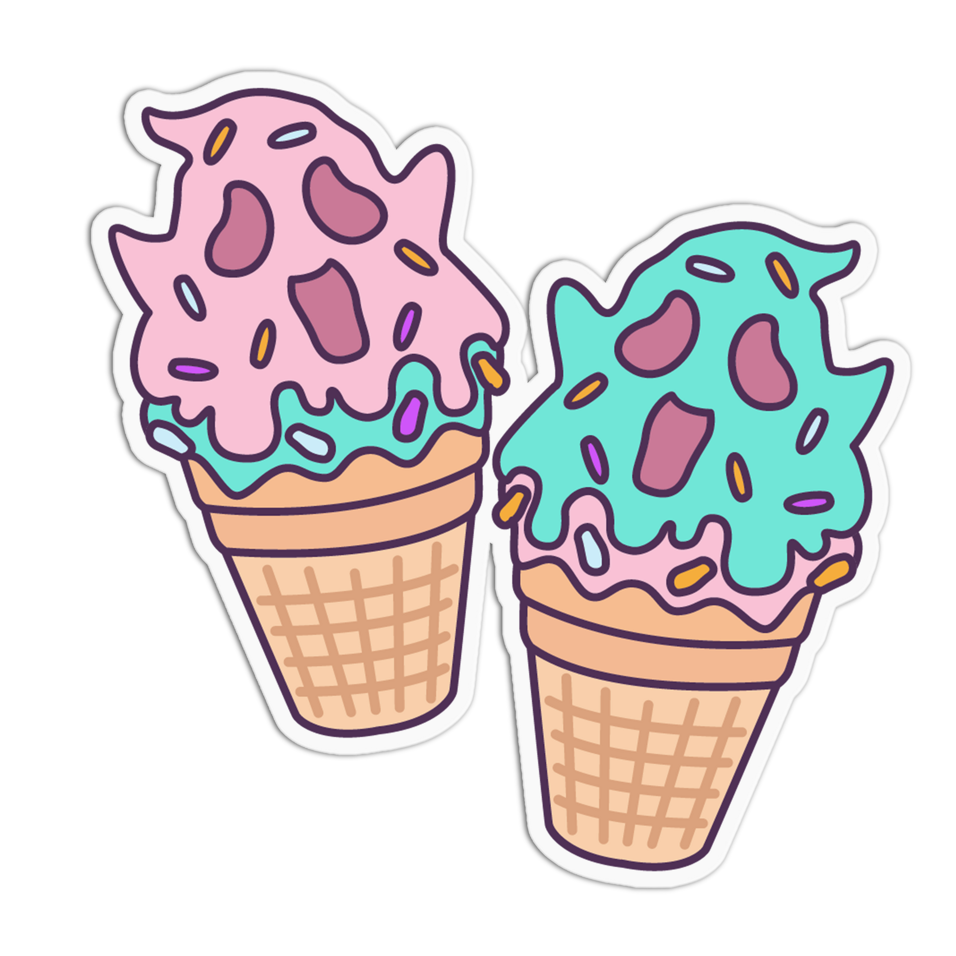 Two illustrated ice cream cones with waffle cones, one topped with pink swirls and the other with mint green swirls, both with small multicolor sprinkles, shown on a plain white background.