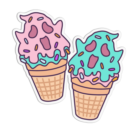 Two illustrated ice cream cones with waffle cones, one topped with pink swirls and the other with mint green swirls, both with small multicolor sprinkles, shown on a plain white background.