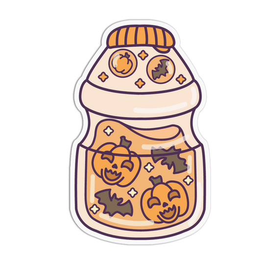 A die-cut sticker featuring a cartoon jar of orange jack-o'-lanterns and bats with a striped orange lid, shown on a plain white background.