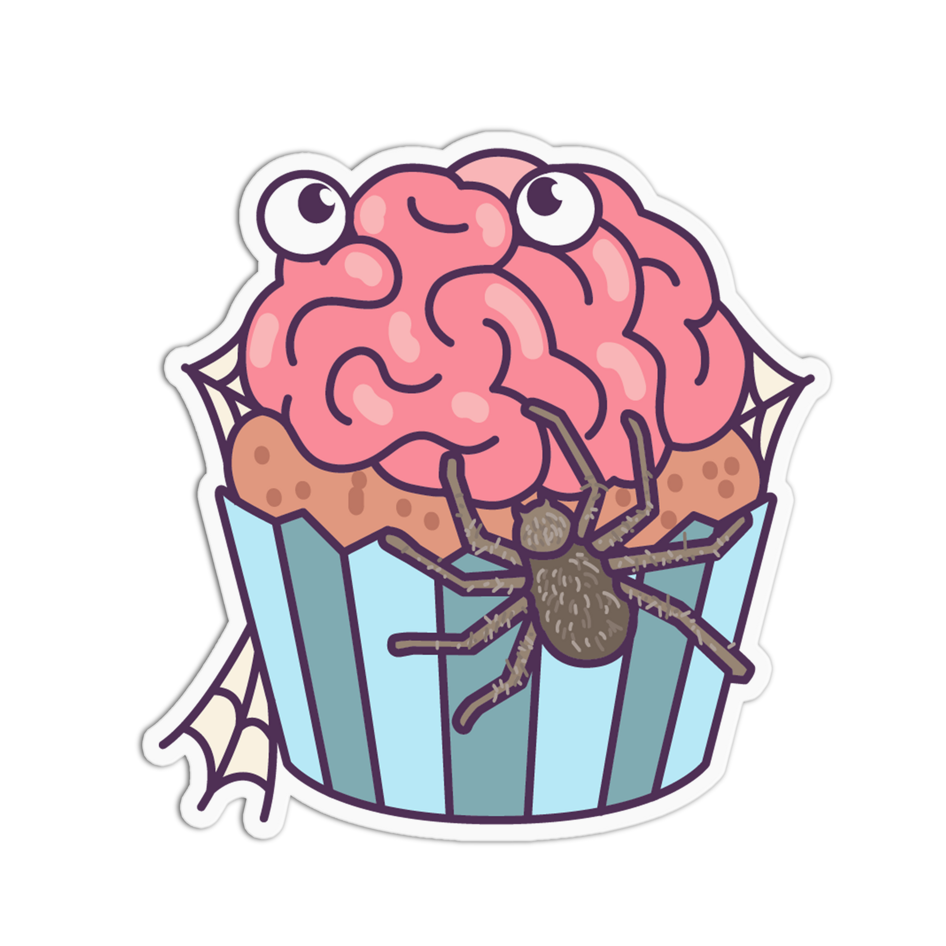 A cartoon-style sticker or decal showing a pink brain-shaped cupcake topped with a spider, on a white background with a thin black border.