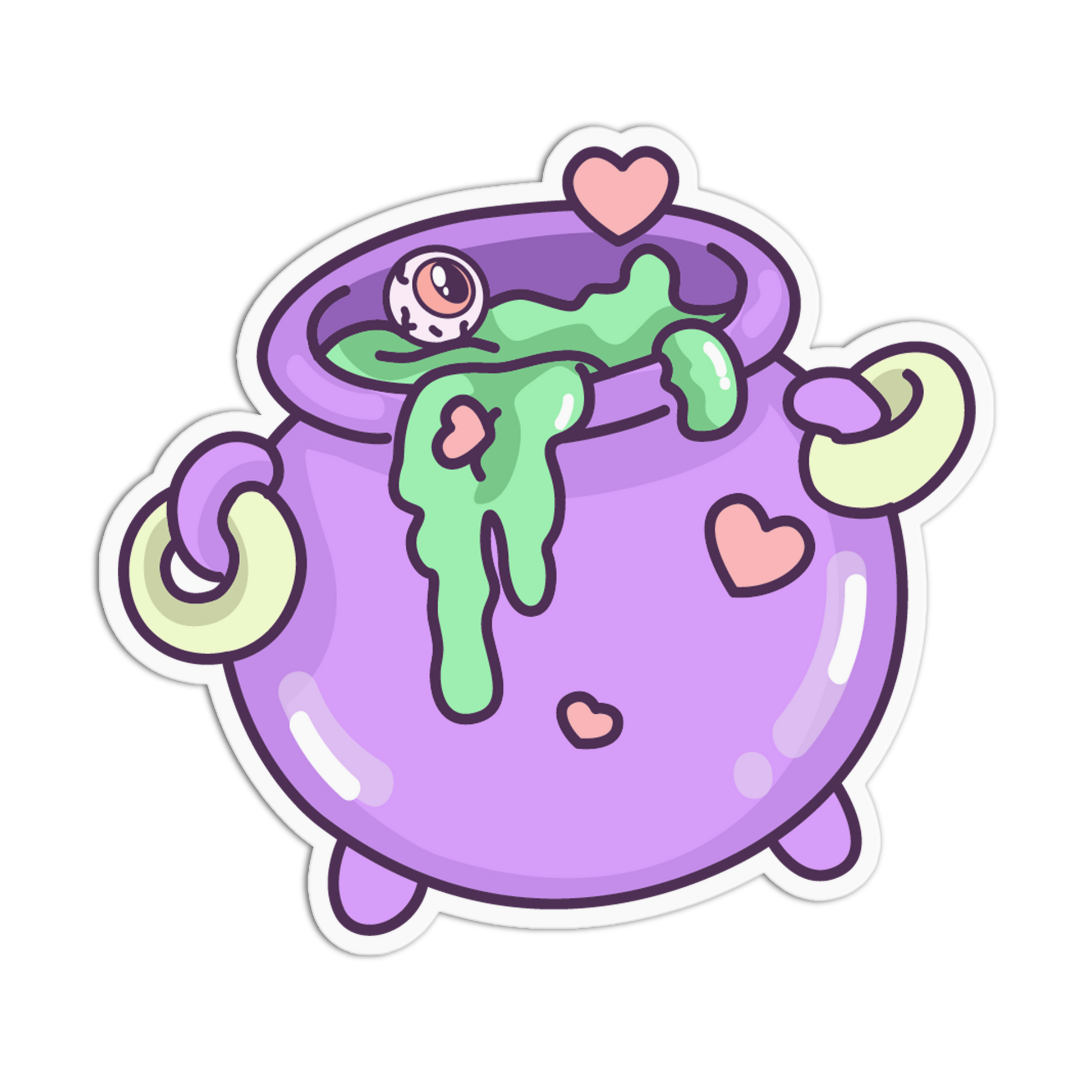 A cartoon sticker-style illustration of a purple cauldron with green slime dripping out, pink hearts, and a single visible eye on a white background.