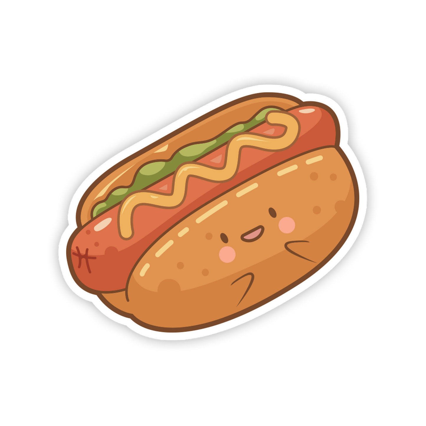 Cartoon hot dog with mustard and ketchup on a bun with a face on a white background