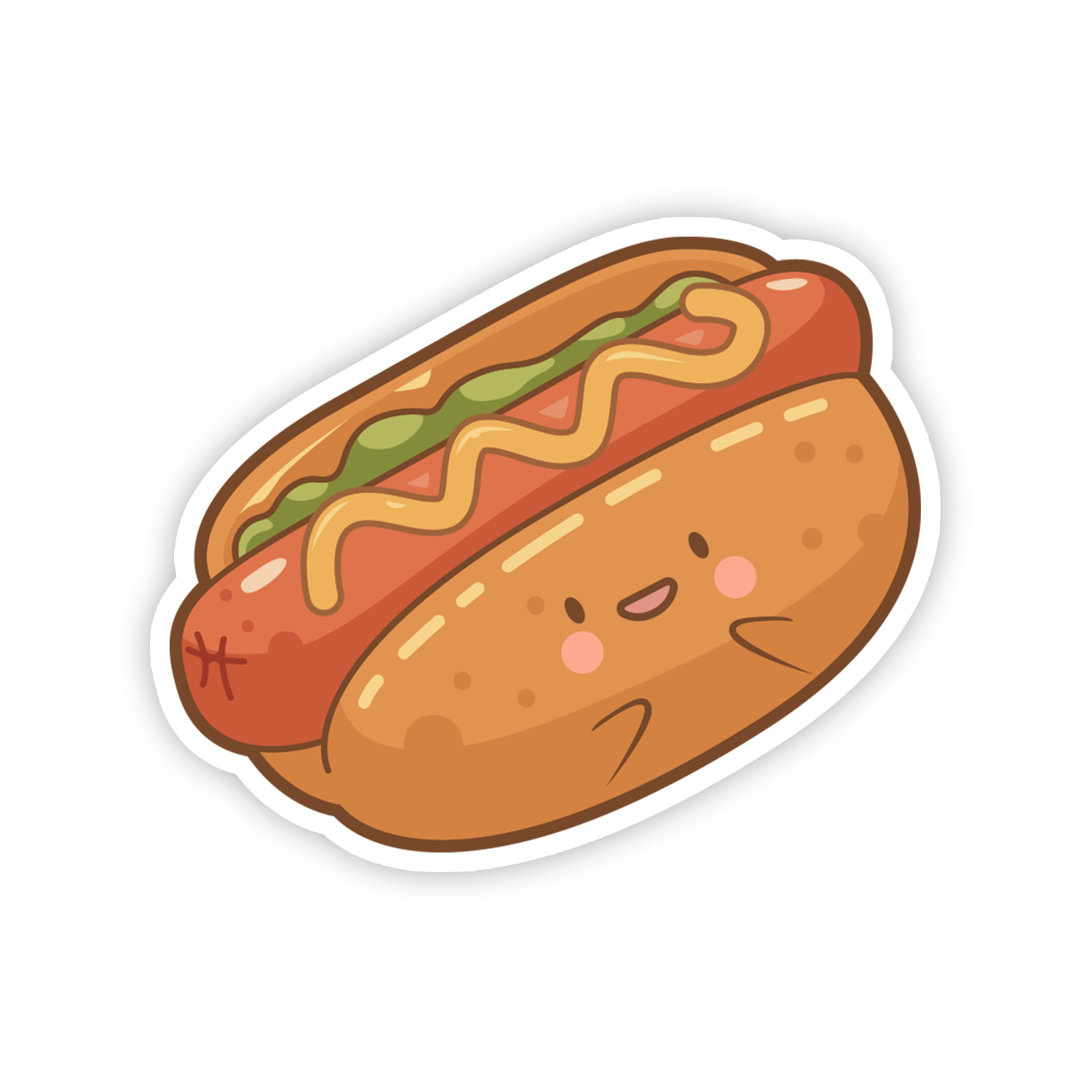 Cartoon hot dog with mustard and ketchup on a bun with a face on a white background