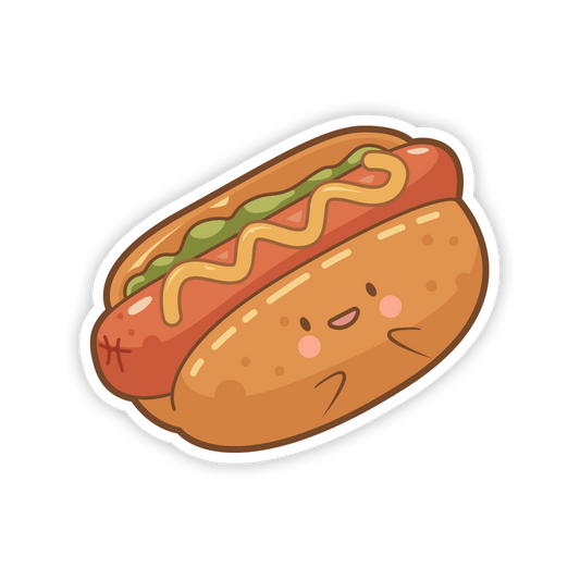 Cartoon hot dog with mustard and ketchup on a bun with a face on a white background