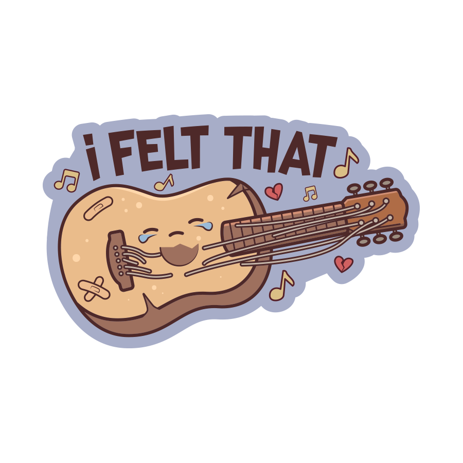 Sticker with a smiling guitar and 'I Felt That' text on a white background