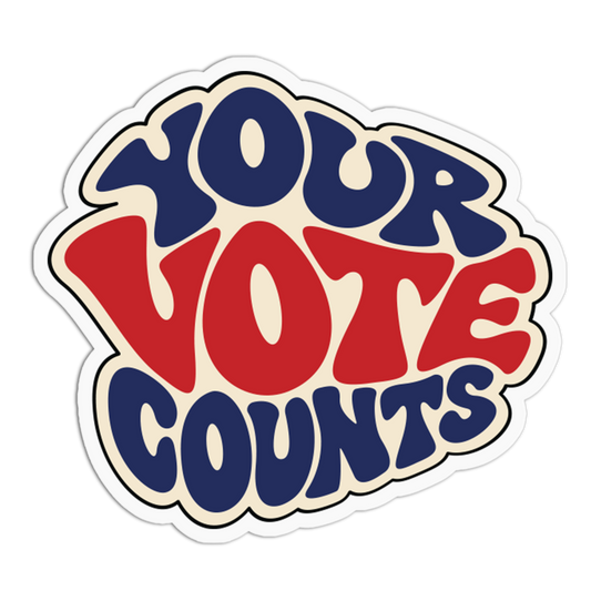 A die-cut sticker with the phrase 'YOUR VOTE COUNTS' in bold retro lettering. The top and bottom words are dark blue, the center word is red, and the sticker has a cream background with a white outline.