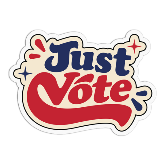 A die-cut sticker with the words 'Just Vote' in stylized red and navy lettering on a cream background with a white outline.