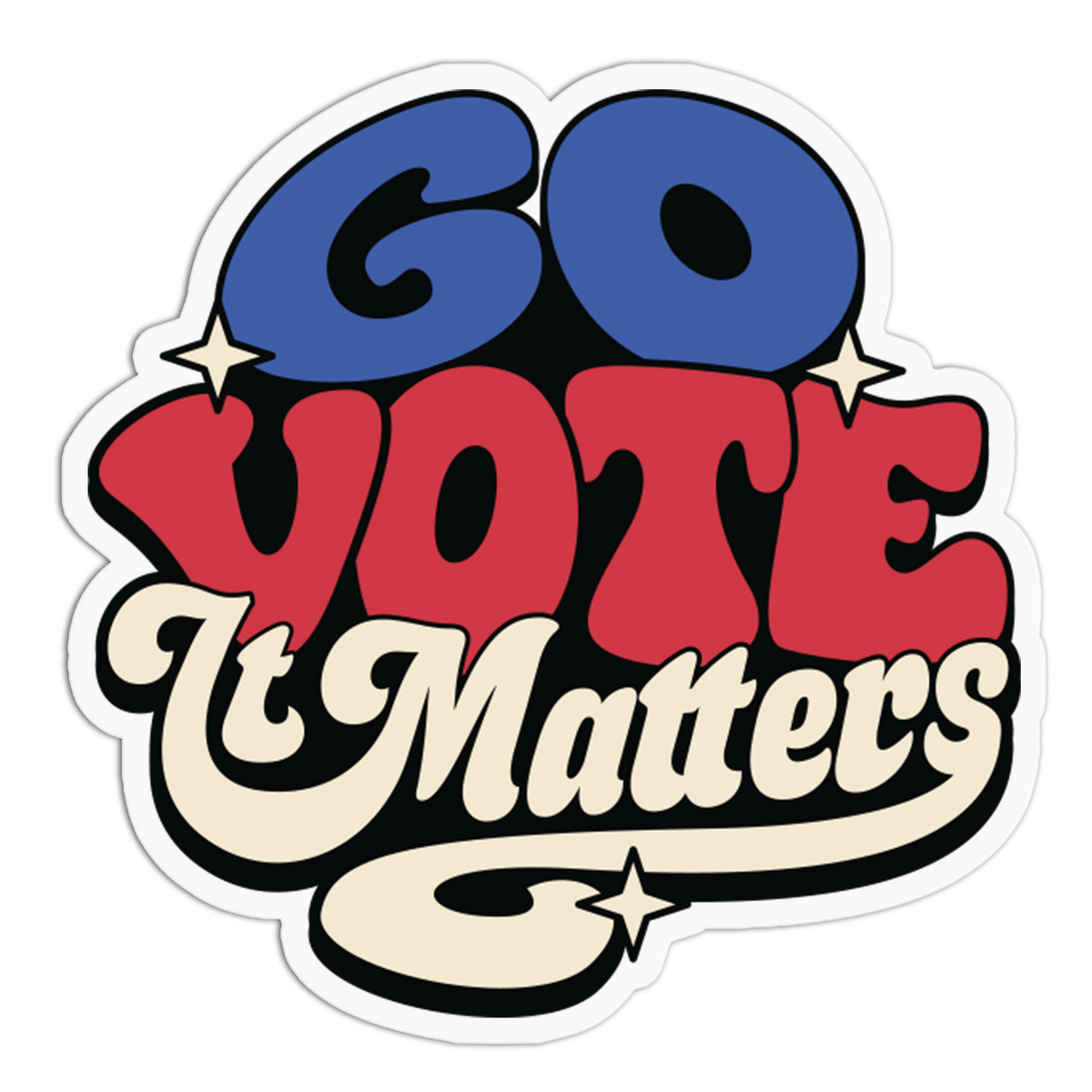 A die-cut vinyl sticker with the text 'GO VOTE It Matters' in a bold retro typographic design. The letters are colored blue, red, and cream with black outlines and small star accents, all on a plain white background.
