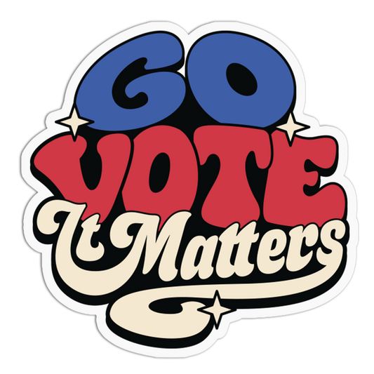 A die-cut vinyl sticker with the text 'GO VOTE It Matters' in a bold retro typographic design. The letters are colored blue, red, and cream with black outlines and small star accents, all on a plain white background.