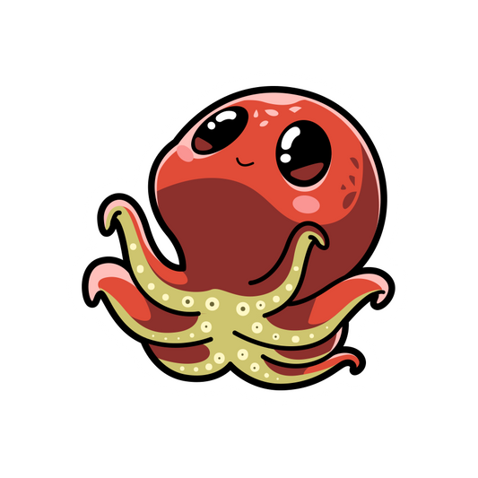 Cartoon octopus with a red body and yellow tentacles on a white background