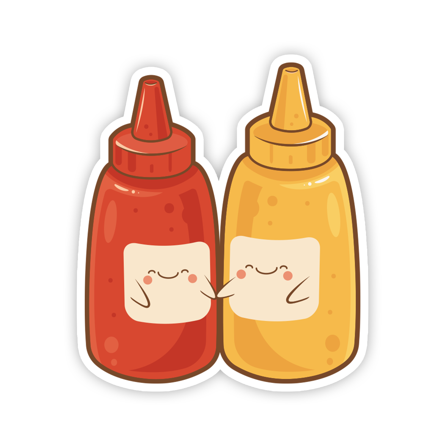 Cartoon-style ketchup and mustard bottles with smiling faces on a white background