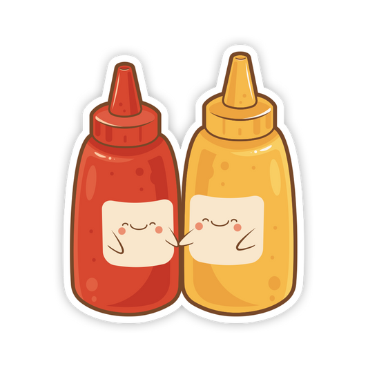 Cartoon-style ketchup and mustard bottles with smiling faces on a white background