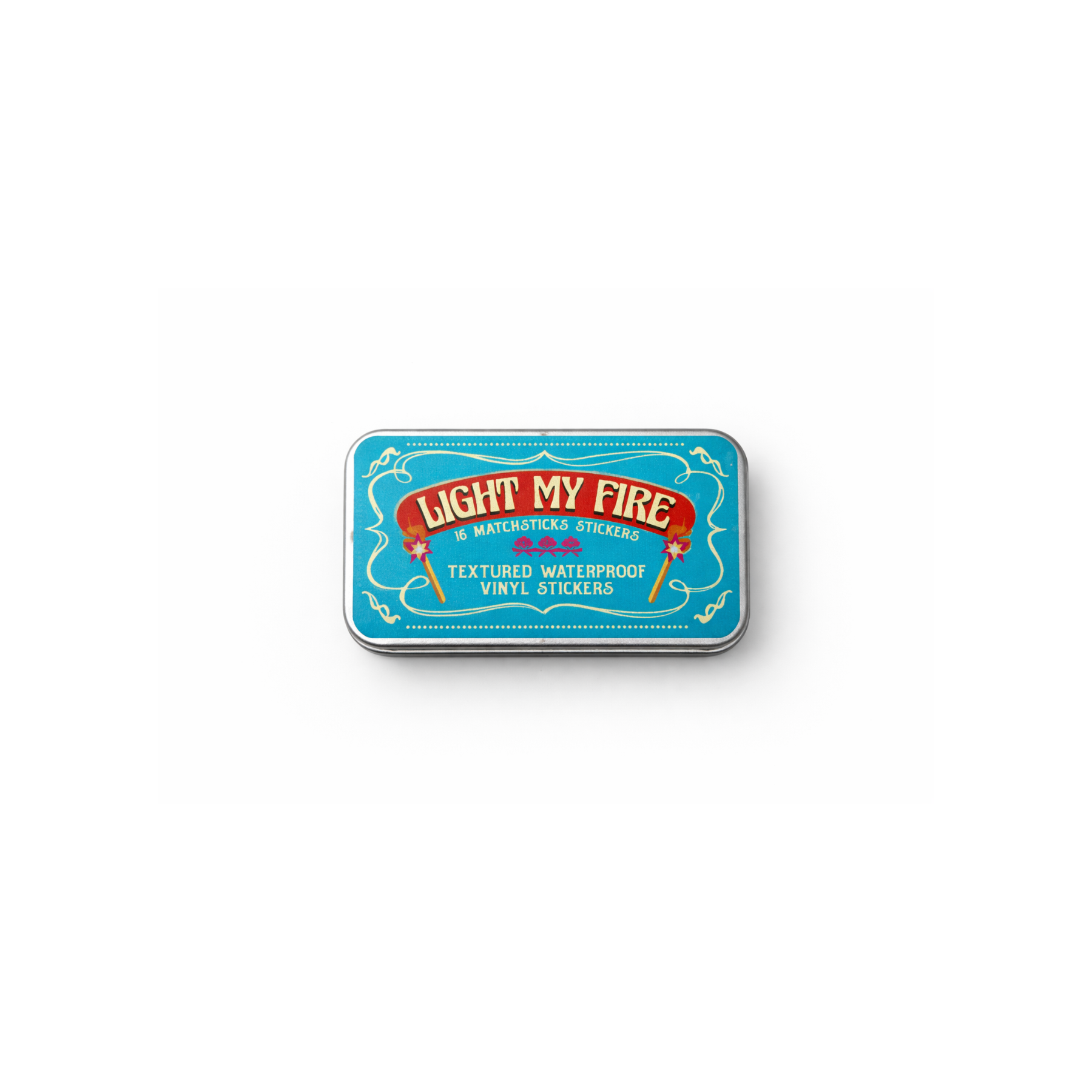 Tin box with 'Light My Fire' branding on a white background